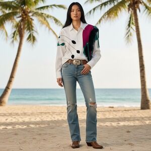 Barbara Shara Vintage Western Shirt White Fringe Faux Fur Applique Lubbock TX M